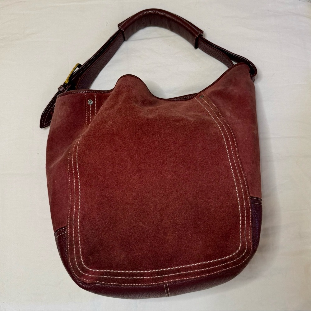Cole Haan Burgundy Suede and Leather Bucket Shoulder Bag - Picture 2 of 10
